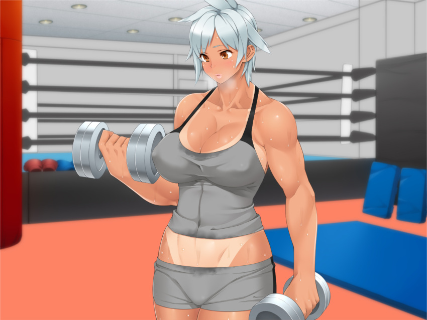 1girl, 23_(real_xxiii), breasts, breath, brown_eyes, collarbone, dark_skin, dumbbell