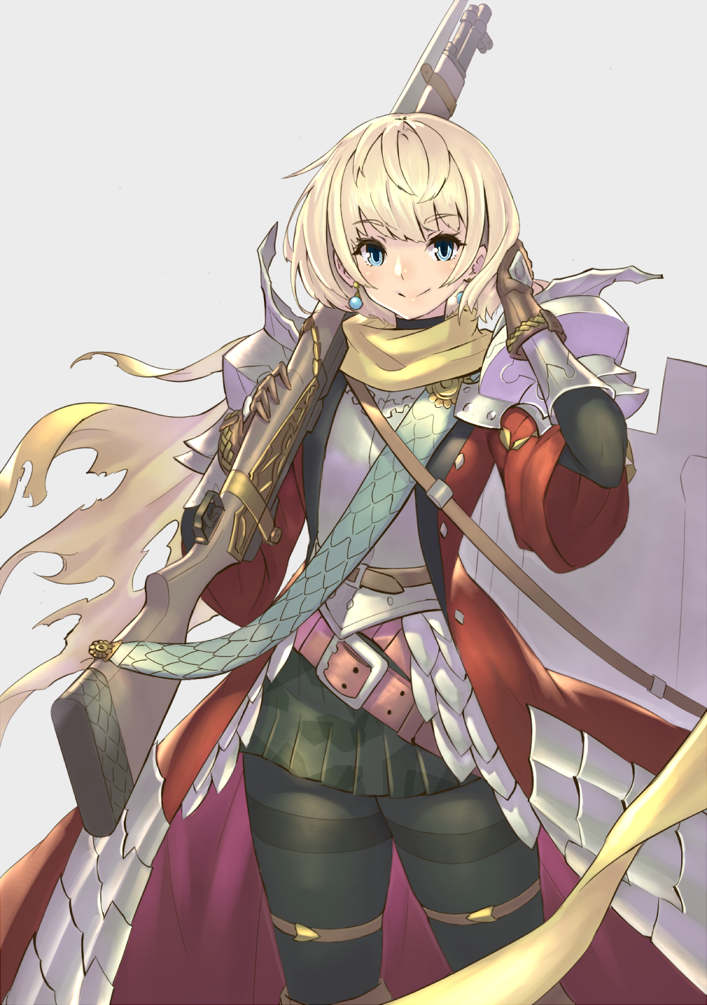 1girl, belt, black_legwear, blonde_hair, blue_eyes, brown_gloves, closed_mouth, dragoon_(sekaiju), earrings, gloves, grey_background, gun, hand_in_hair, jewelry, nadare-san_(nadare3nwm), pantyhose, pleated_skirt, rifle, scarf, sekaiju_no_meikyuu, sekaiju_no_meikyuu_5, simple_background, skirt, smile, solo, thighband_pantyhose, weapon