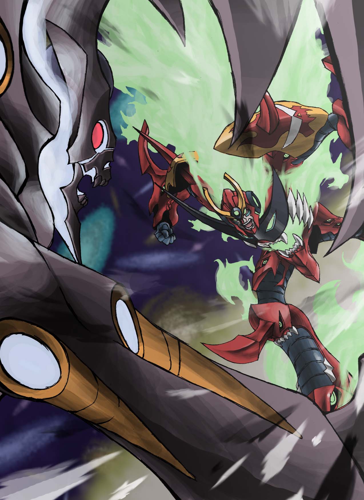 banchou_(artist), battle, epic, grand_zamboa, highres, mecha, spiral_power, super_robot