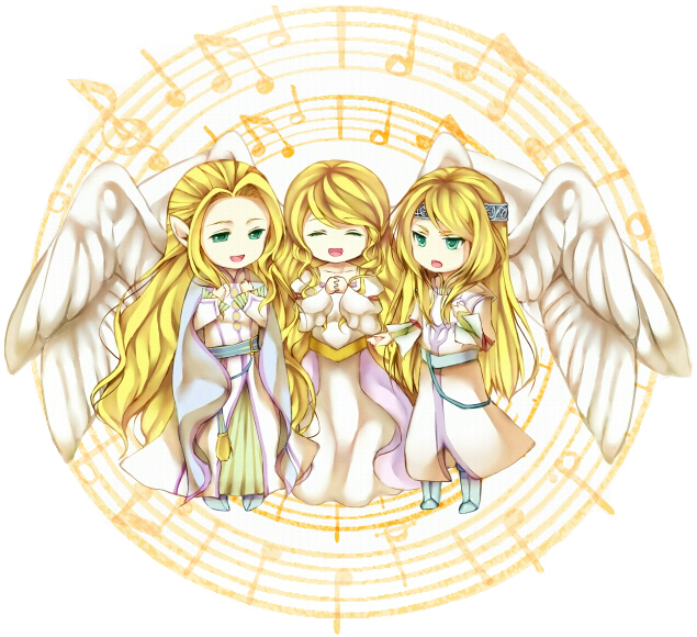 1girl, 2boys, angel_wings, beamed_quavers, bird_wings, blonde_hair, brother_and_sister, brothers