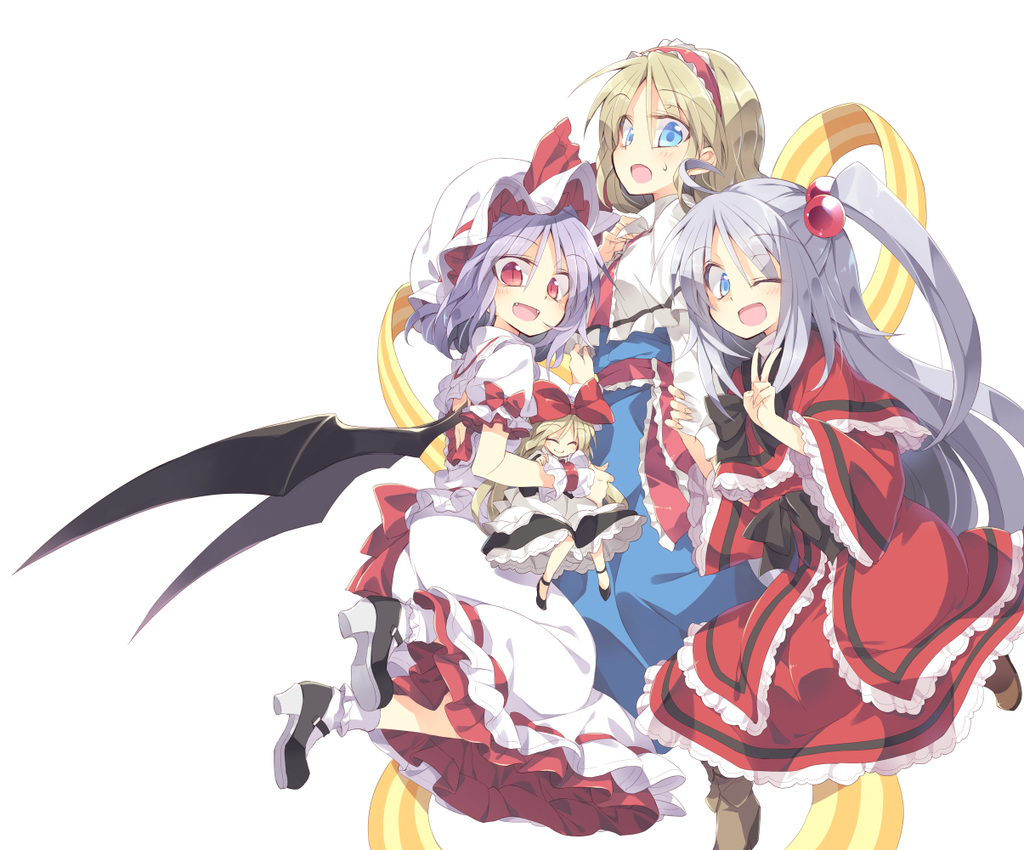 3girls, alice_margatroid, apron, back_cutout, bat_wings, blonde_hair, blue_dress, blue_eyes, blush, capelet, doll, dress, fangs, hair_bobbles, hair_ornament, hair_ribbon, hairband, hat, hat_ribbon, lavender_hair, long_hair, long_sleeves, looking_at_viewer, mary_janes, mob_cap, multiple_girls, necktie, one_eye_closed, open_mouth, puffy_sleeves, red_eyes, remilia_scarlet, ribbon, sash, satou_kibi, shanghai_doll, shinki, shirt, shoes, short_hair, short_sleeves, side_ponytail, silver_hair, simple_background, skirt, skirt_set, slit_pupils, smile, socks, striped, sweatdrop, touhou, touhou_(pc-98), v, waist_apron, white_background, white_legwear, wide_sleeves, wings, wrist_cuffs