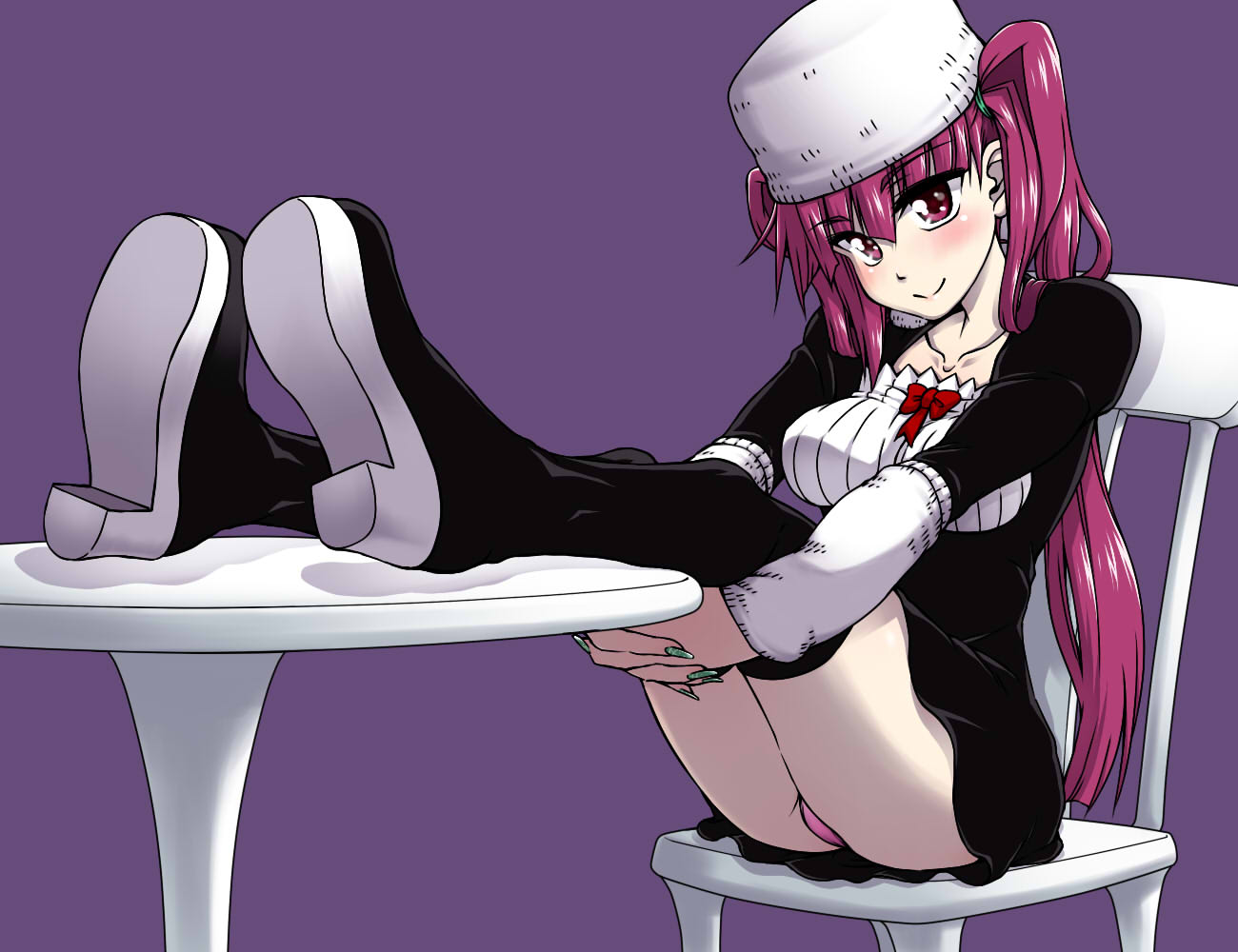 1girl, bleach, blush, boots, breasts, chair, collarbone, commentary_request