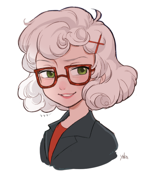 1girl, dawn_bellwether, disney, glasses, green_eyes, personification, short_hair, smile, solo, white_hair, yokotn, zootopia