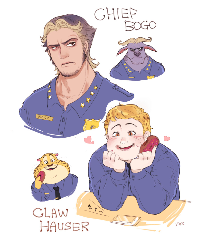 2boys, animal, benjamin_clawhauser, blonde_hair, brown_hair, character_name, chief_bogo, disney, doughnut, facial_hair, food, highres, multiple_boys, personification, short_hair, smile, yokotn, zootopia