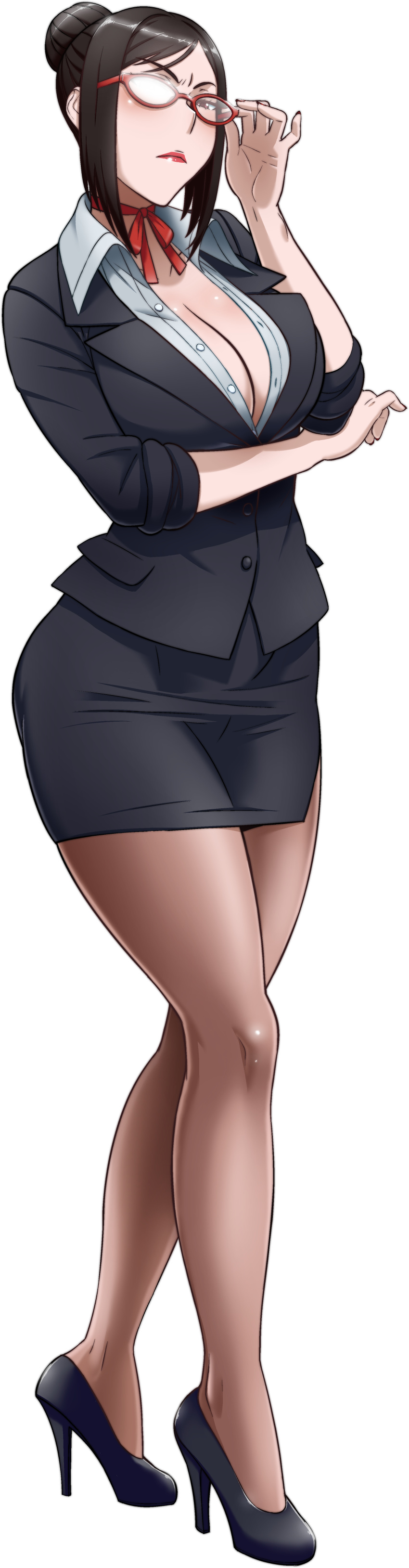 1girl, absurdres, adjusting_glasses, artist_request, black_hair, breast_hold, breasts, choker
