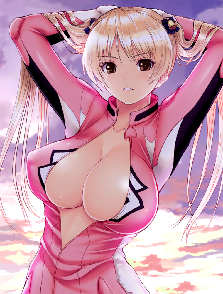 1girl, bakuon!!, bell, biker_clothes, bikesuit, blonde_hair, bodysuit, breasts