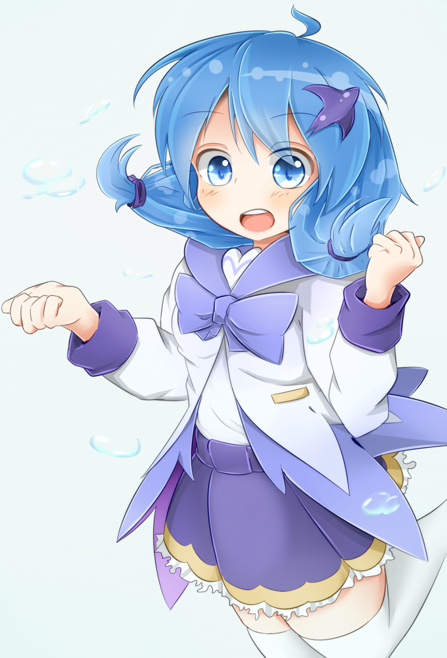 1girl, :o, ahoge, blue_bow, blue_eyes, blue_hair, blue_skirt, bow