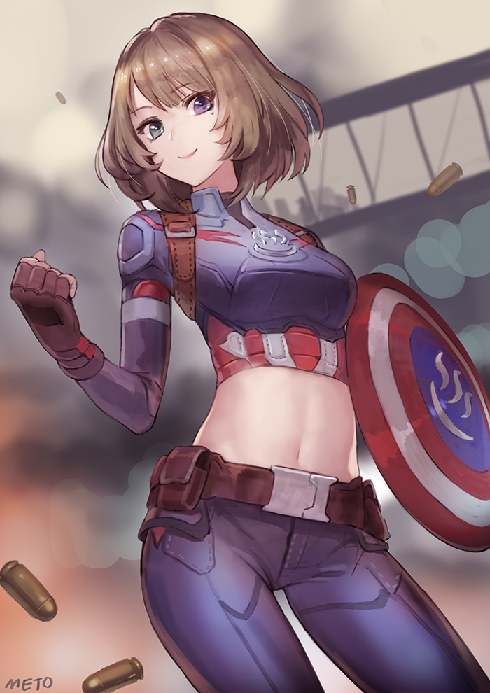 1girl, brown_hair, bullet, captain_america, captain_america_(cosplay), cartridge, crop_top, fingerless_gloves