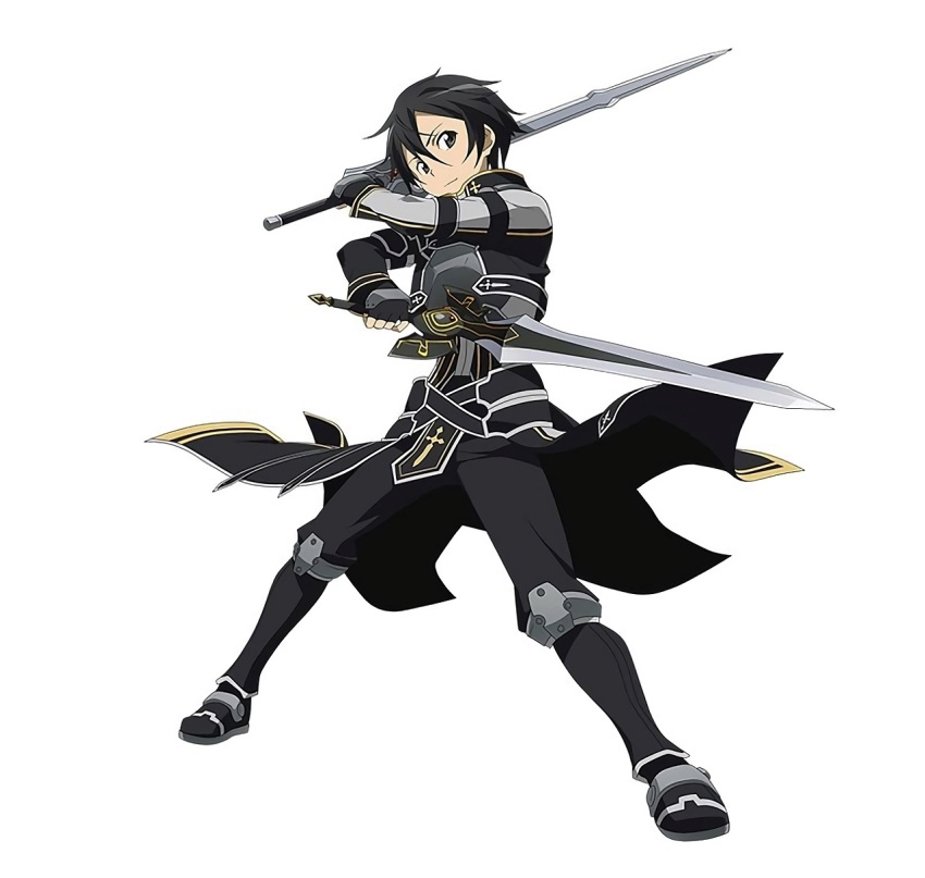 1boy, black_clothes, black_eyes, black_hair, breastplate, dual_wielding, highres, holding, holding_sword, holding_weapon, kirito, looking_at_viewer, official_art, short_hair, simple_background, solo, sword, sword_art_online, sword_art_online:_code_register, weapon, white_background