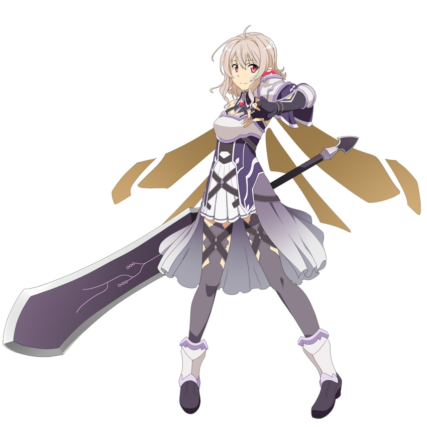 1girl, black_gloves, black_legwear, breastplate, fingerless_gloves, gloves, highres, holding, holding_sword, holding_weapon, looking_at_viewer, official_art, red_eyes, silver_hair, simple_background, smile, solo, spaulders, strea, strea_(sao-alo), sword, sword_art_online, sword_art_online:_code_register, thigh-highs, weapon, white_background, wings