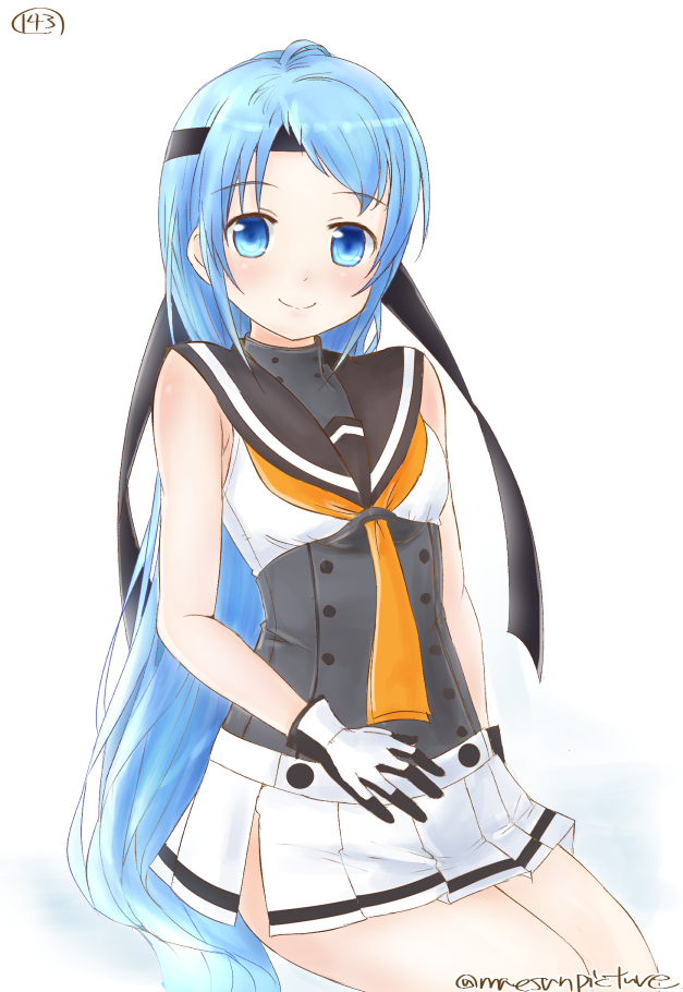 1girl, akizuki_(kantai_collection), akizuki_(kantai_collection)_(cosplay), bangs, bare_shoulders, blue_eyes, blue_hair, cosplay