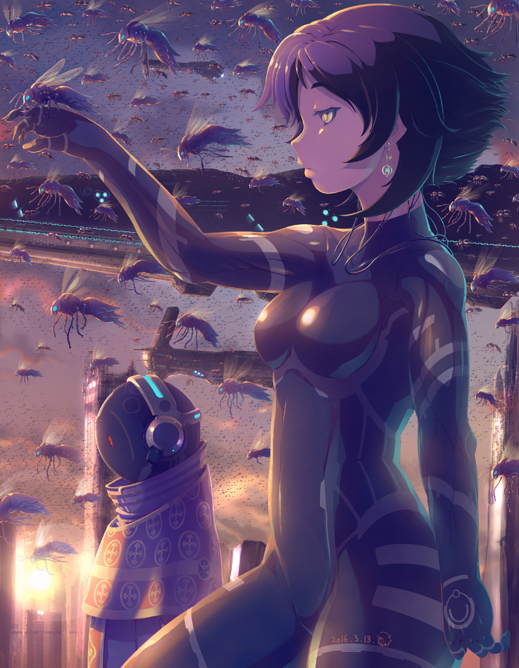 1girl, 2016, android, arm_at_side, army, bodysuit, brown_hair, city
