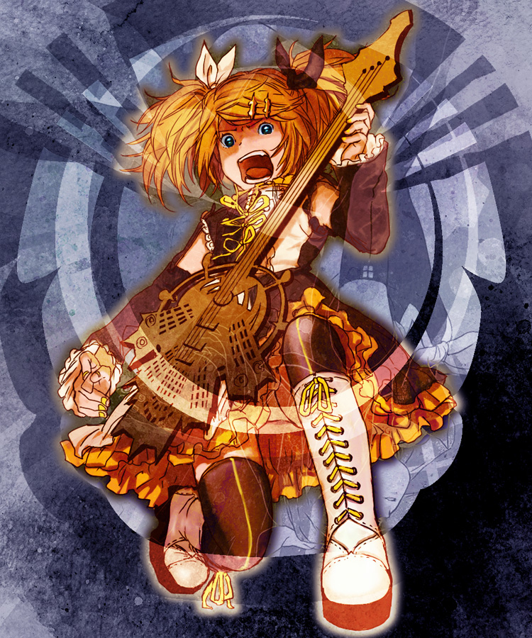 bass_guitar, batako, blonde_hair, blue_eyes, boots, detached_sleeves, frills, gothic_lolita