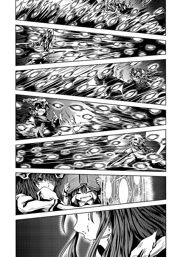 1boy, 5girls, bangs, book, book_on_head, clenched_teeth, comic, covering_head