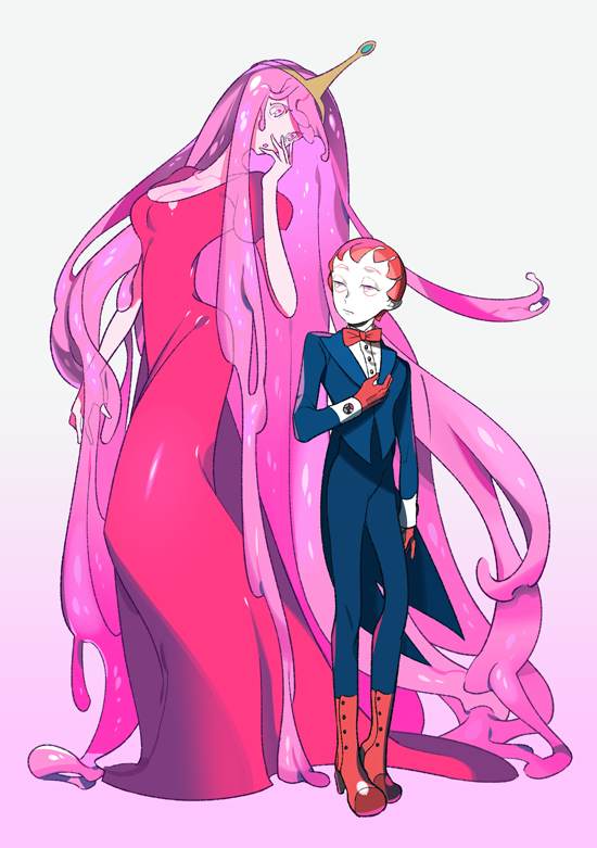 1boy, 1girl, :o, absurdly_long_hair, adventure_time, arm_at_side, blue_jacket, blue_pants