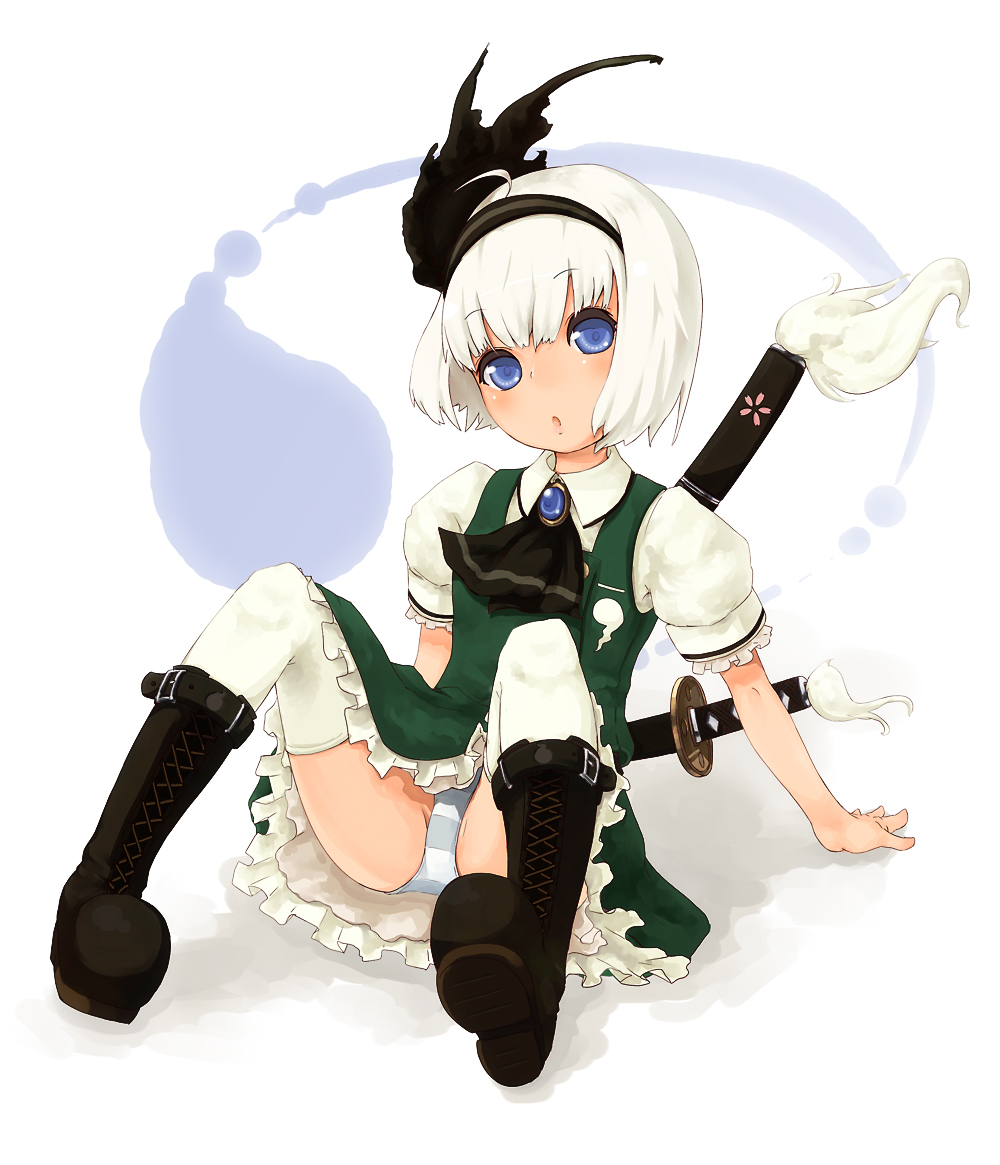 blue_eyes, blush, boots, hitodama, katana, konpaku_youmu, konpaku_youmu_(ghost), myon