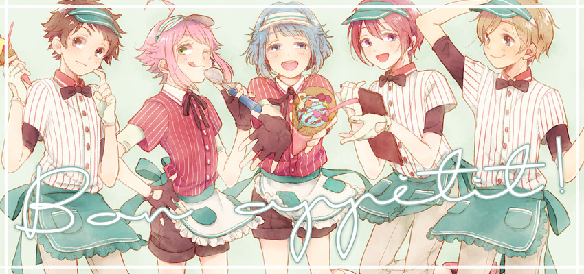 5boys, apron, blue_hair, bow, bowtie, brown_hair, cowboy_shot, ensemble_stars!