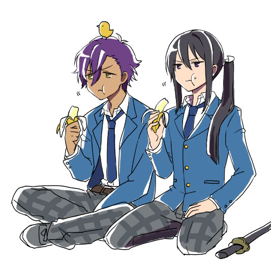 2_(beru), banana, bird, black_hair, eating, ensemble_stars!, food, fruit