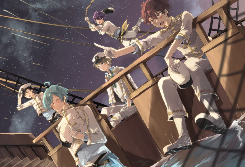 +_+, 5boys, alternate_costume, aqua_hair, chibirisu, ensemble_stars!, highres, looking_afar