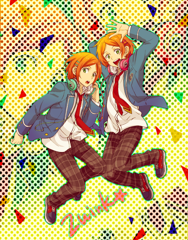2boys, aoi_hinata, aoi_yuuta, brothers, ensemble_stars!, green_eyes, hair_ornament, hairpin, headphones, komatsu_matsuko, looking_at_viewer, multiple_boys, necktie, open_mouth, orange_hair, pants, plaid, plaid_pants, red_necktie, school_uniform, siblings, smile, twins