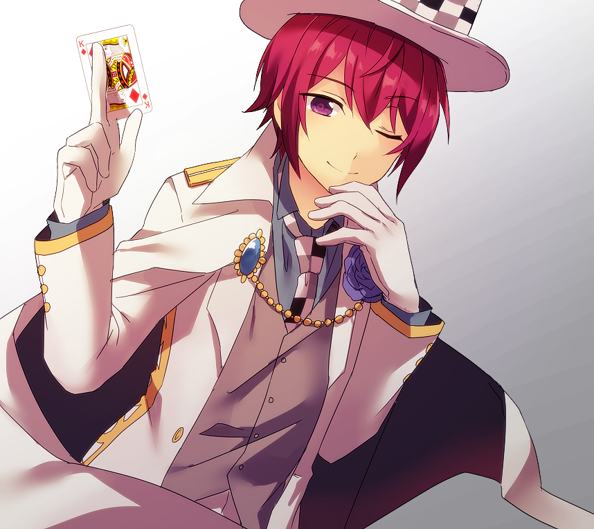 1boy, ;), alternate_costume, blue_rose, cape, card, checkered, ensemble_stars!