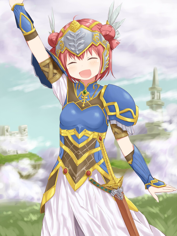 1girl, :d, ^_^, akaza_akari, arm_up, armor, closed_eyes, commentary_request