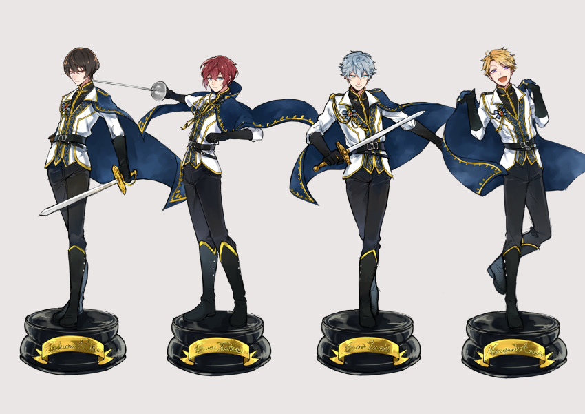 1girl, 3boys, absurdres, black_hair, blonde_hair, ensemble_stars!, faux_figurine, highres, male_focus, multiple_boys, narukami_arashi, pajero, red_eyes, redhead, sakuma_ritsu, sena_izumi_(ensemble_stars!), silver_hair, suou_tsukasa, violet_eyes