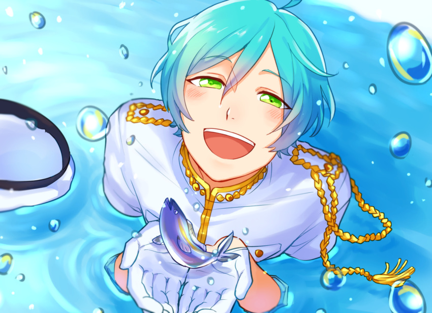1boy, absurdres, aqua_hair, blue_hair, blush, ensemble_stars!, fish, gloves