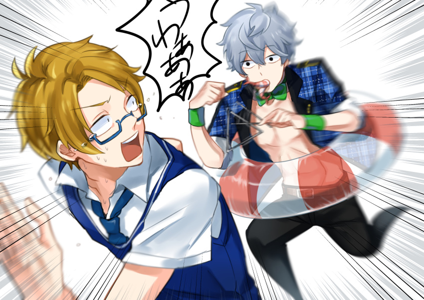 2boys, abs, absurdres, blue-framed_glasses, blue_necktie, bow, bowtie, crying