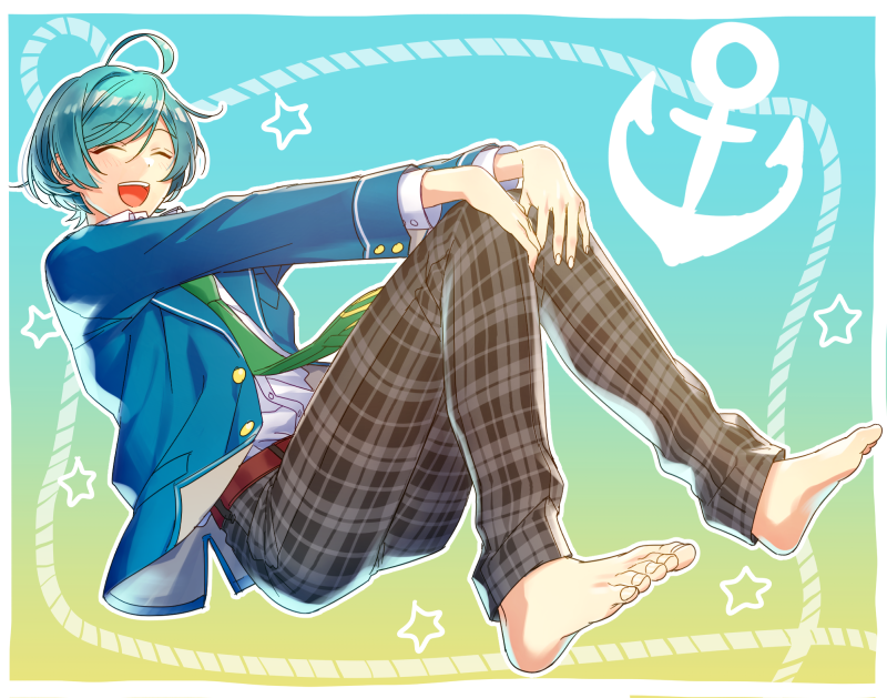1boy, anchor, aqua_hair, barefoot, blue_hair, closed_eyes, ensemble_stars!, green_necktie