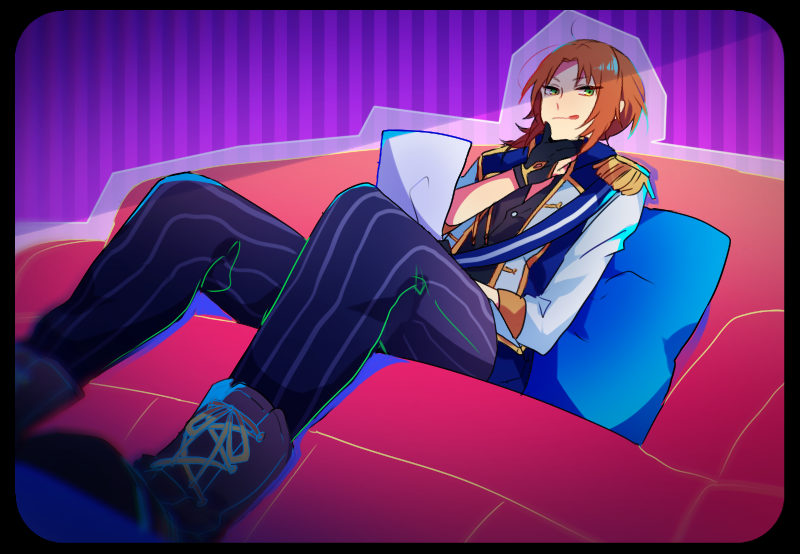 1boy, :q, couch, cross-laced_footwear, ensemble_stars!, from_below, licking_lips, male_focus