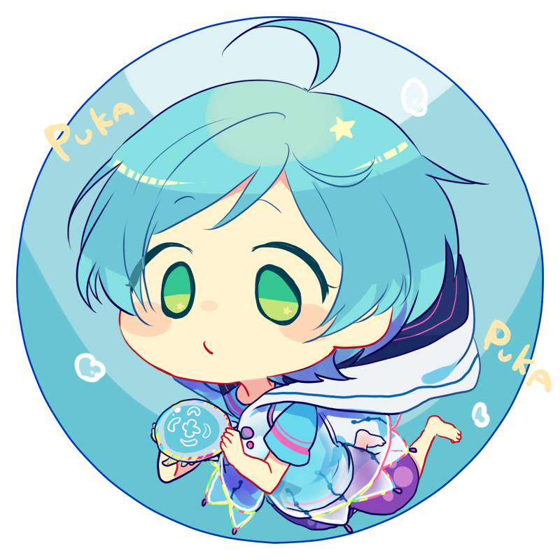 1boy, aqua_hair, barefoot, blue_hair, chibi, circle, ensemble_stars!, green_eyes, hooded_top, jellyfish, looking_down, pakkuncho, shinkai_kanata, solo