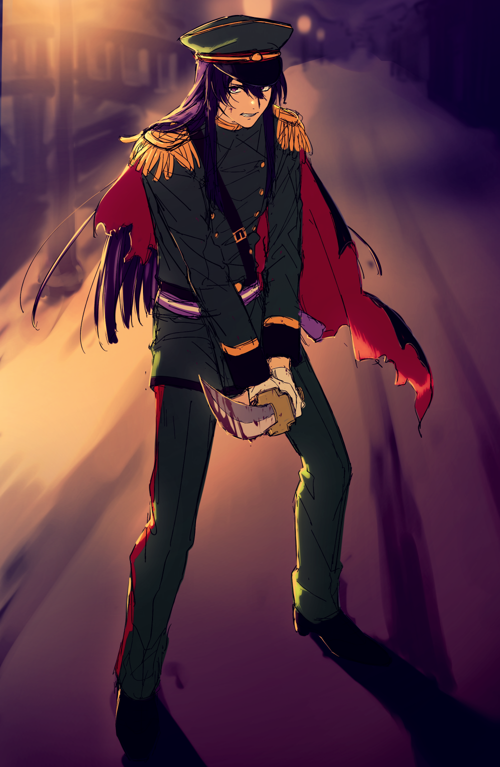 1boy, alternate_costume, blood, bloody_weapon, ensemble_stars!, guntou, hat, highres