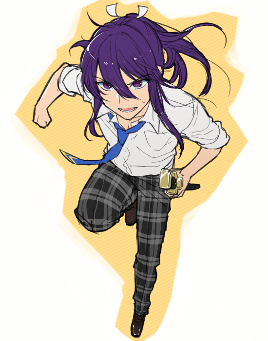 1boy, dress_shirt, ensemble_stars!, full_body, hair_ribbon, holding, holding_weapon, kanzaki_souma