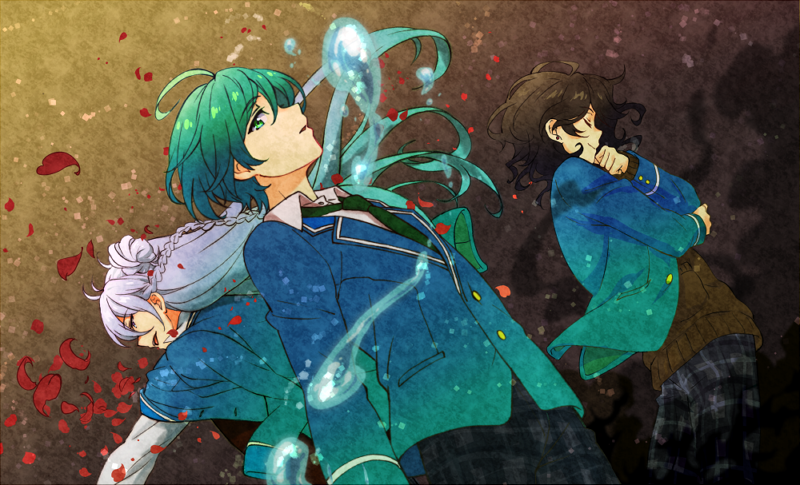 3boys, aqua_hair, blue_hair, brown_background, cardigan, closed_eyes, ensemble_stars!, hand_on_own_chin