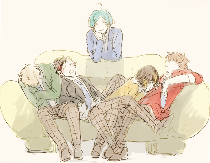 5boys, ahoge, blue_necktie, closed_eyes, couch, ensemble_stars!, kyou_(kyoh_921), male_focus