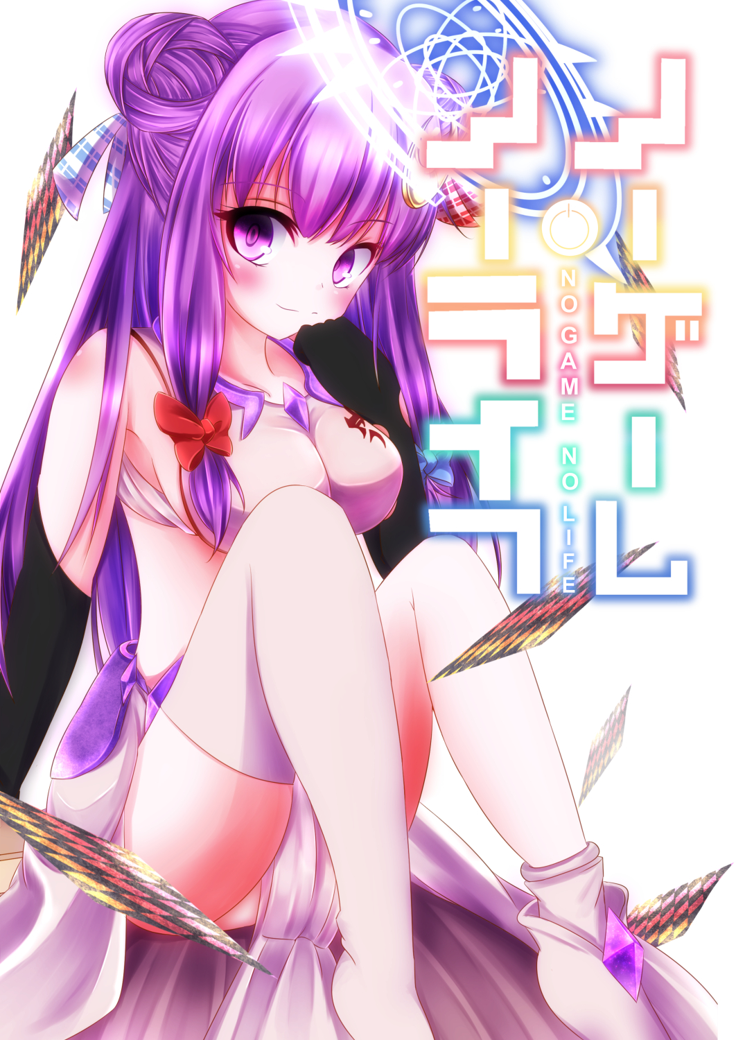 1girl, blue_bow, blue_ribbon, blush, bow, breasts, bridal_gauntlets, card