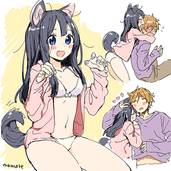 1boy, 1girl, animal_ears, animalization, black_hair, blonde_hair, blue_eyes, blush_stickers, bra, cat_ears, cat_tail, cuddling, embarrassed, fang, heart, hetero, hood, hoodie, hug, hug_from_behind, kitashirakawa_tamako, long_hair, lying, messy_hair, midriff, momose_(oqo), navel, no_pants, on_back, on_side, ooji_mochizou, open_mouth, panties, pants, paw_pose, shirt, short_hair, sketch, sleeping, sweatdrop, tail, tamako_market, underwear, white_bra, white_panties