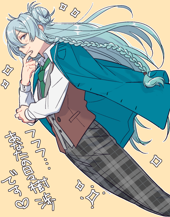 1boy, blue_hair, braid, ensemble_stars!, green_necktie, heart, hibiki_wataru, long_hair, looking_at_viewer, male_focus, necktie, pants, plaid, plaid_pants, school_uniform, simple_background, solo, sparkle, translated, tubuan_oisii