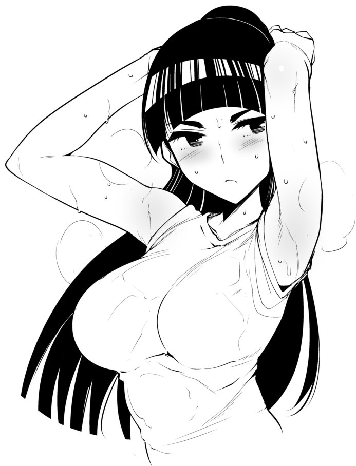 1girl, armpits, arms_behind_head, arms_up, bangs, bare_arms, bare_shoulders, blunt_bangs, breasts, closed_mouth, collarbone, copyright_request, ebino_mei, expressionless, hatsukoi_zombie, large_breasts, lineart, long_hair, looking_to_the_side, monochrome, ponytail, sleeveless, solo, sweat, tank_top, tomohiro_kai, wet