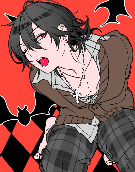 1boy, barefoot, bath, black_hair, cardigan, checkered, cross, cross_necklace, ensemble_stars!, fang, jewelry, long_hair, male_focus, necklace, one_eye_closed, open_mouth, pants, plaid, plaid_pants, red_background, red_eyes, sakuma_rei_(ensemble_stars!), solo, tubuan_oisii