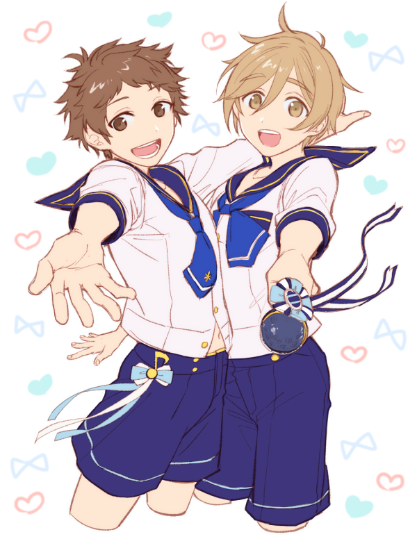 2boys, brown_eyes, brown_hair, ensemble_stars!, heart, male_focus, mashiro_tomoya, microphone