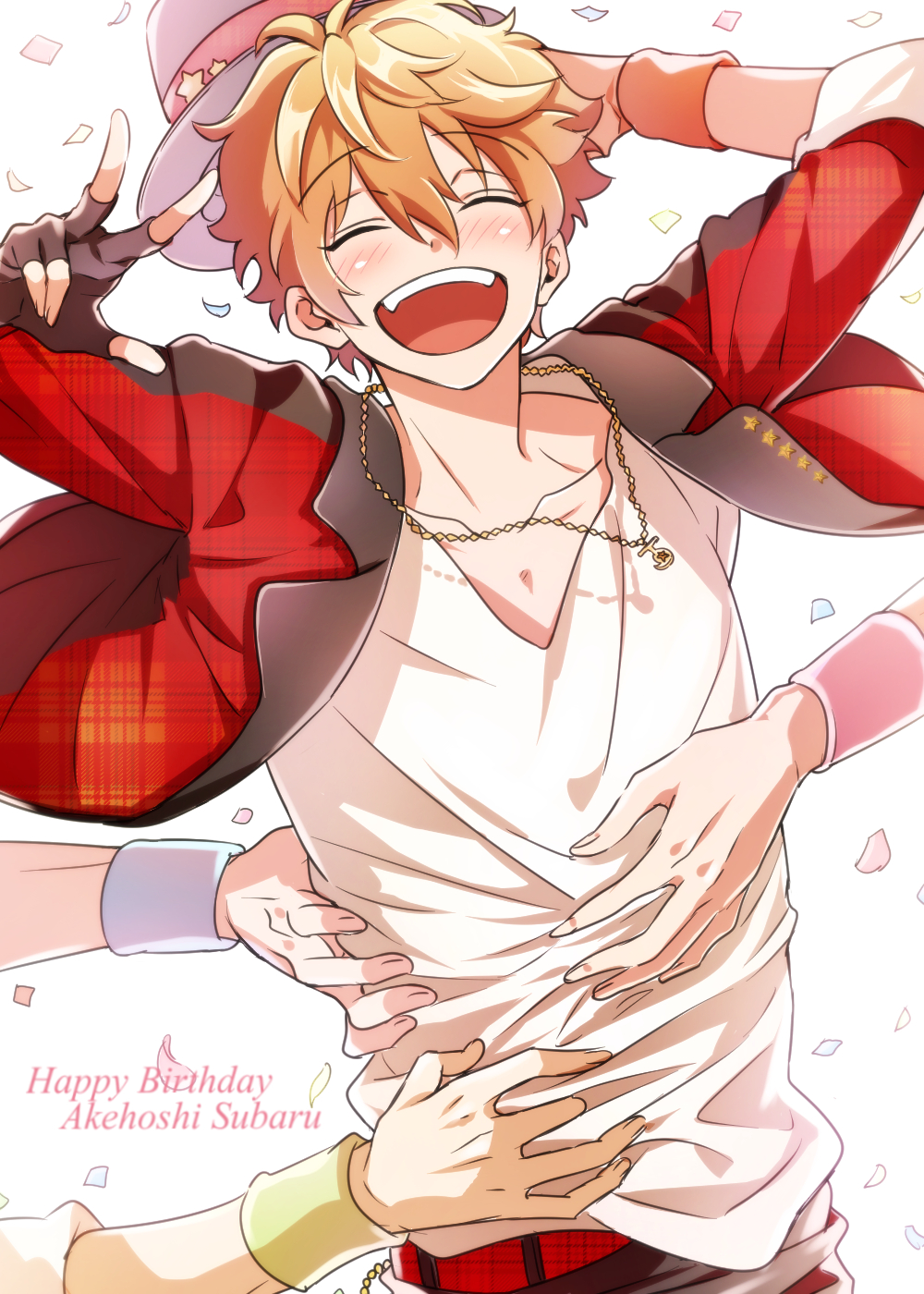 1boy, akehoshi_subaru, armband, blush, character_name, closed_eyes, confetti, disembodied_limb