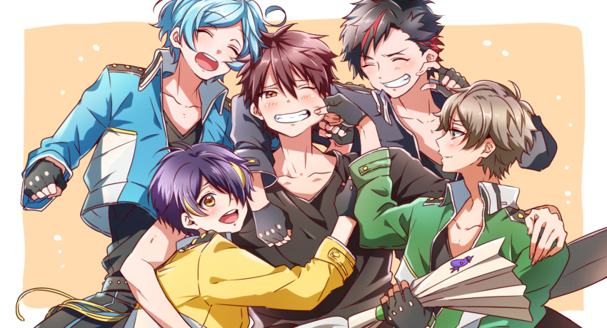 5boys, ;), arms_around_back, belt, blue_hair, blush, brown_eyes, cheek_pull