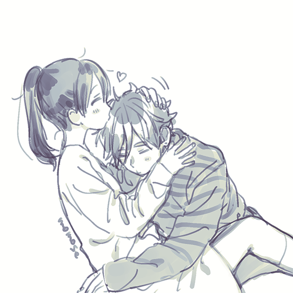 1boy, 1girl, artist_name, blush_stickers, closed_eyes, eyebrows, greyscale, hair_kiss
