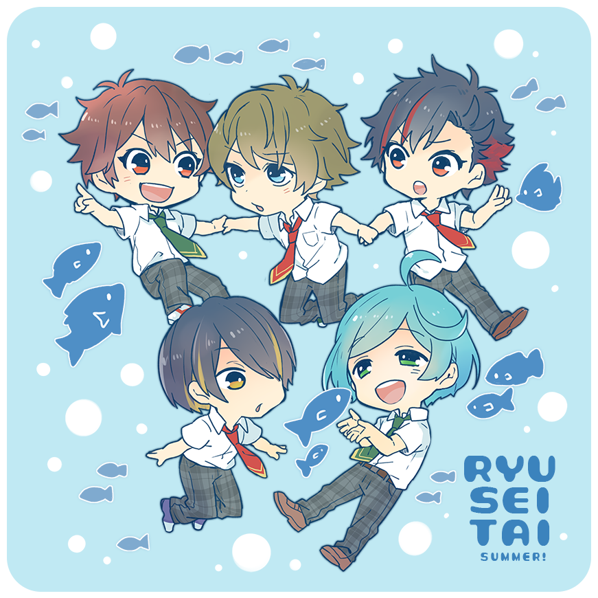 5boys, aqua_hair, black_hair, blonde_hair, blue_eyes, blue_hair, brown_hair, chibi