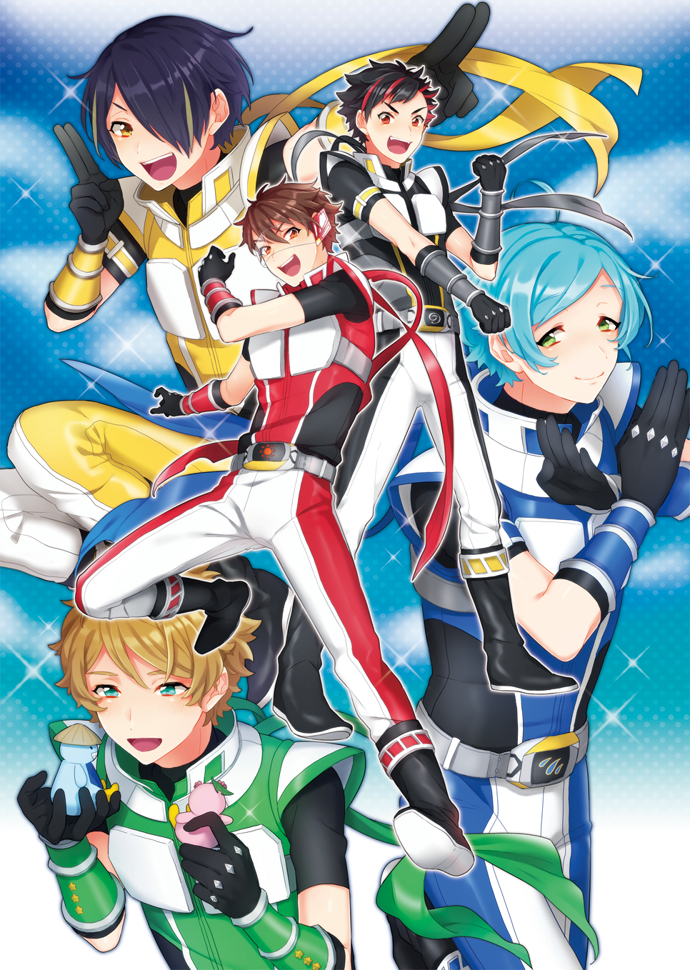 5boys, alternate_costume, aqua_hair, black_gloves, black_hair, blonde_hair, blue_background, blue_eyes