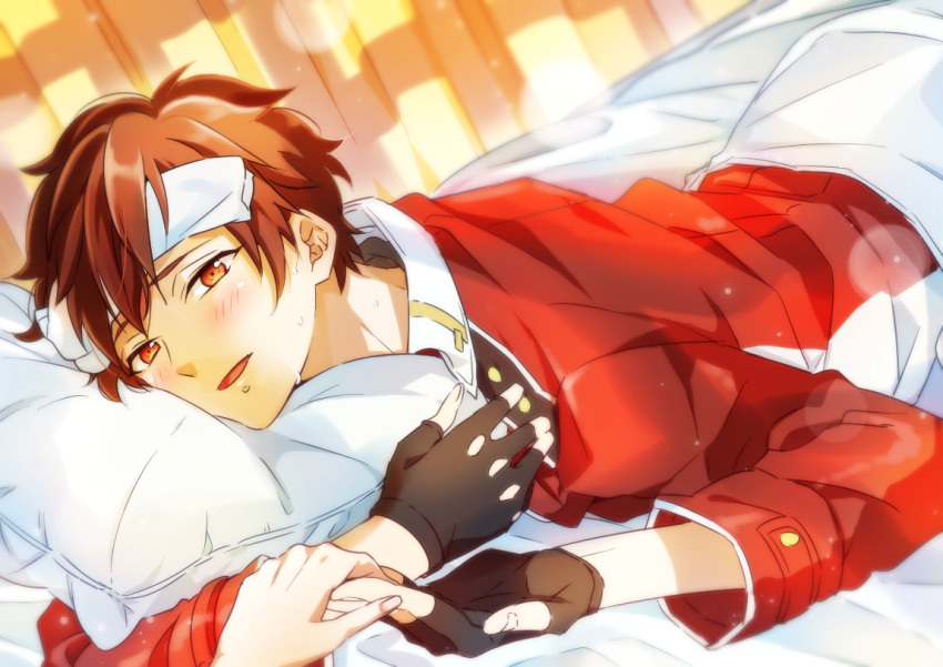1boy, bed_sheet, blush, brown_hair, curtains, ensemble_stars!, fingerless_gloves, gloves