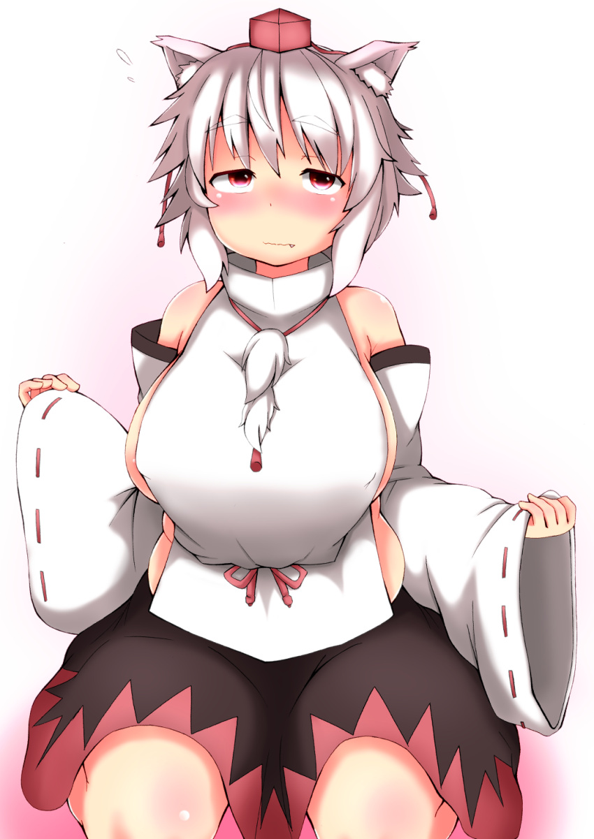1girl, albino, animal_ears, blush, breasts, covered_navel, detached_sleeves, fang