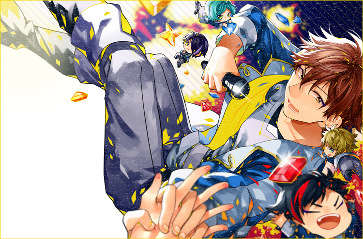 5boys, black_hair, blue_eyes, blue_hair, brown_eyes, brown_hair, chibi, closed_eyes, ensemble_stars!, green_eyes, green_hair, holding_hands, jewelry, ji_yu, looking_at_viewer, male_focus, microphone, miniboy, morisawa_chiaki, multicolored_hair, multiple_boys, nagumo_tetora, open_mouth, ryuuseitai, sengoku_shinobu, shinkai_kanata, short_hair, smile, takamine_midori, two-tone_hair